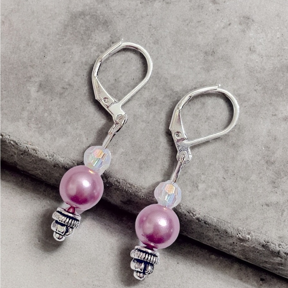 Sale 925 sterling silver pastel light purple drop earrings faux pearls handmade